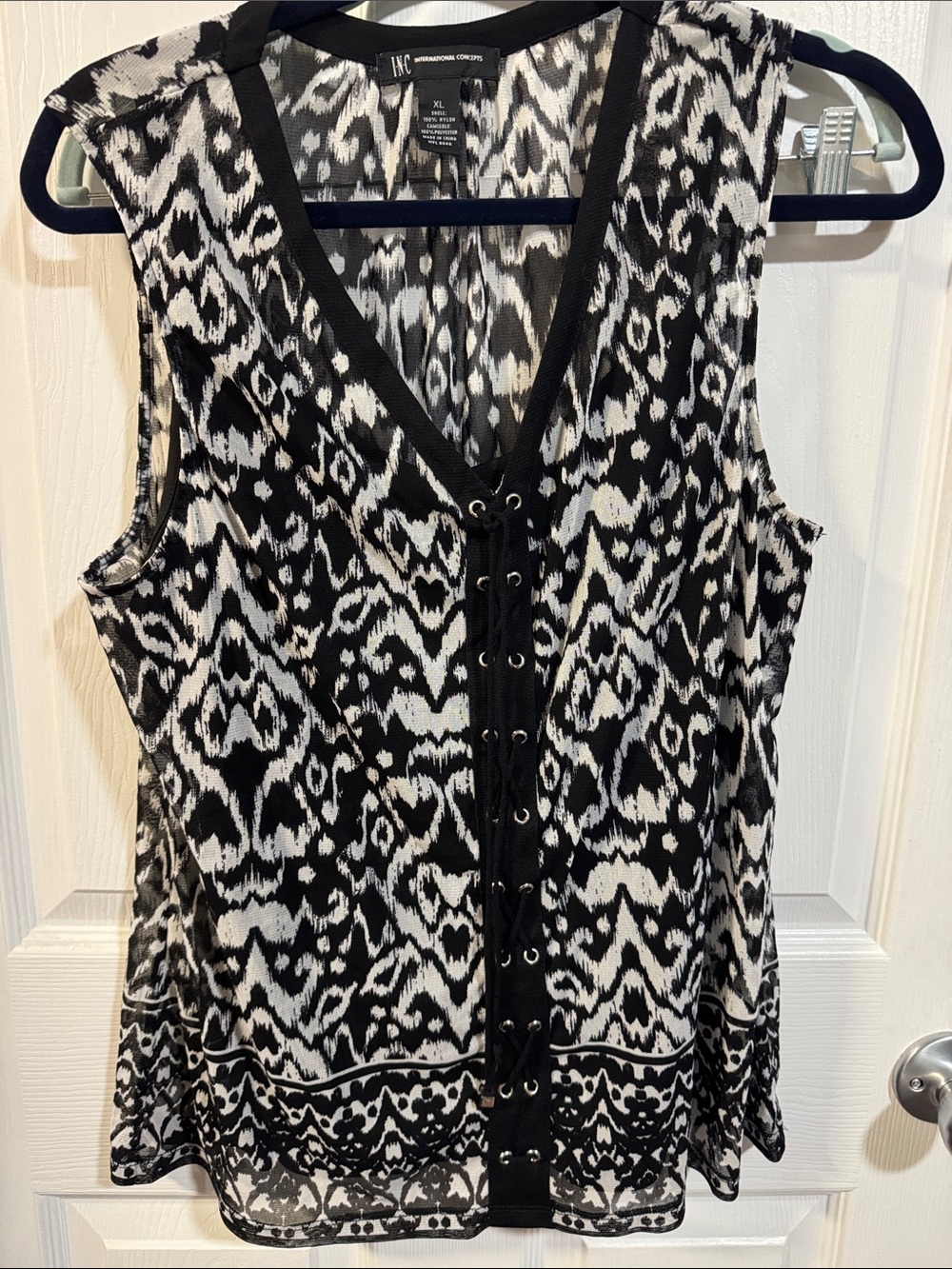 INC International Concepts Black & White Lace-Up Ikat Tunic Top
